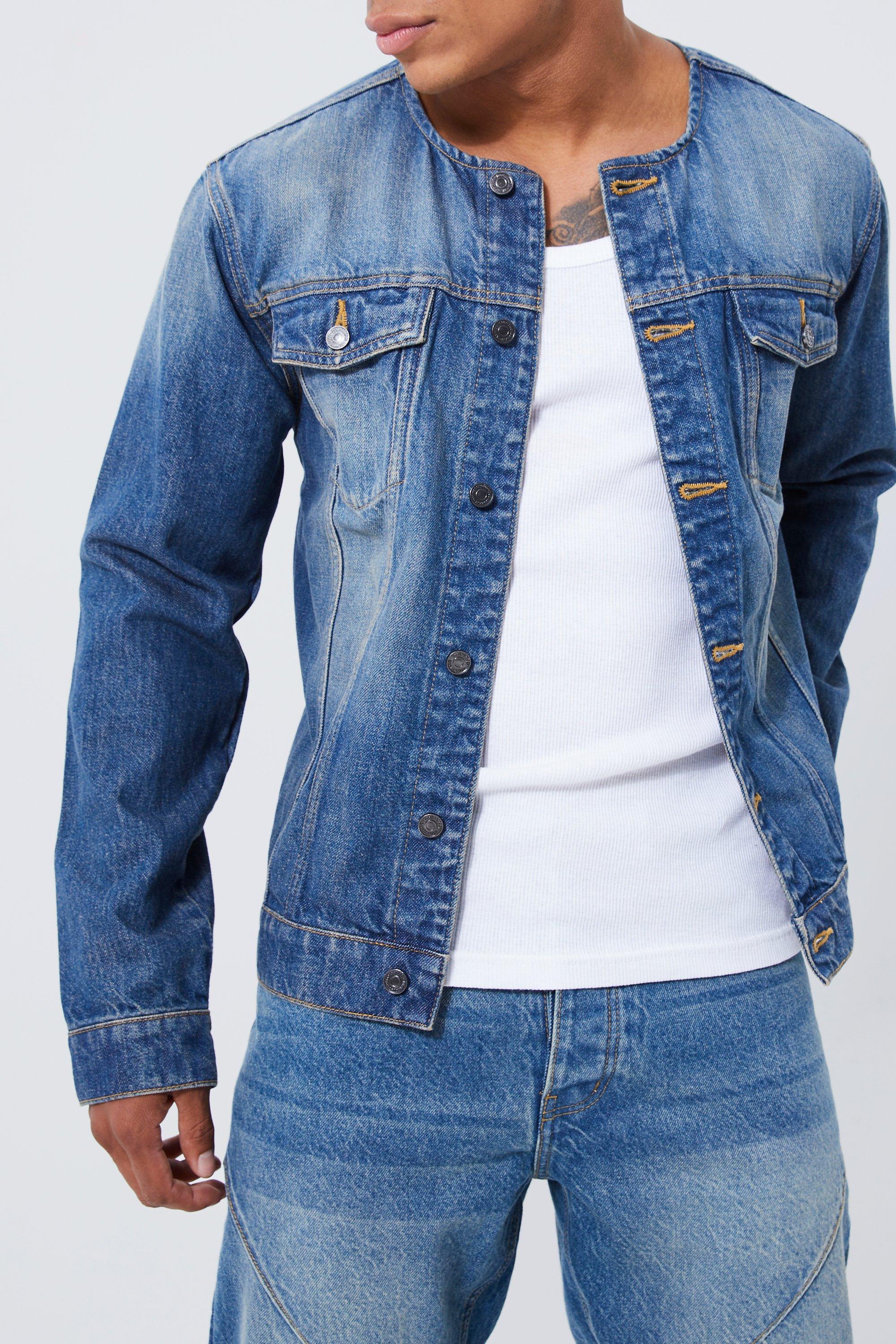 Collarless denim shop jacket uk